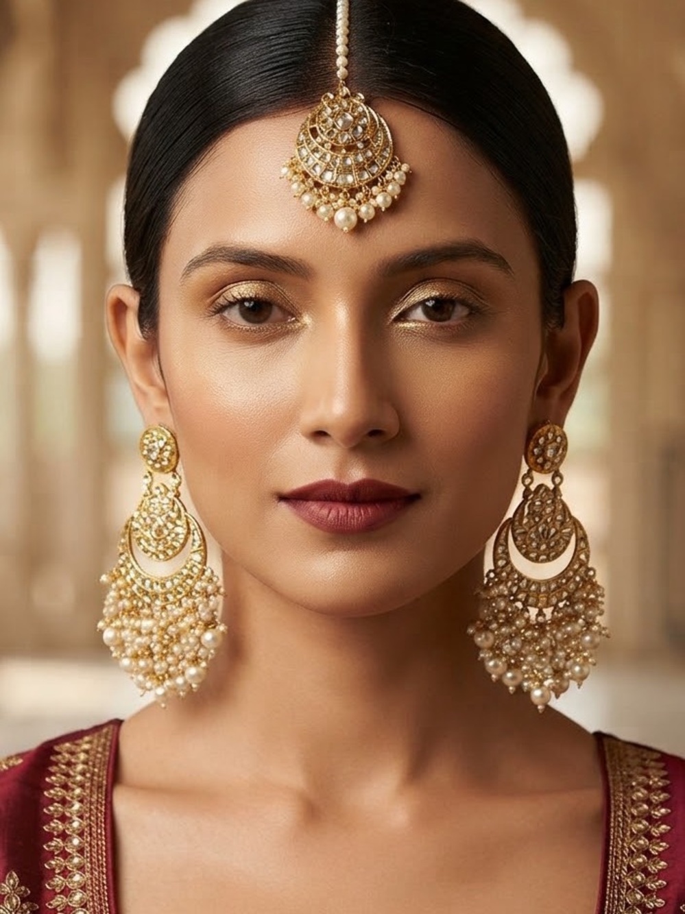 Gold Pearl Chandbali Earrings and Maang Tikka Set - Women Jewelry